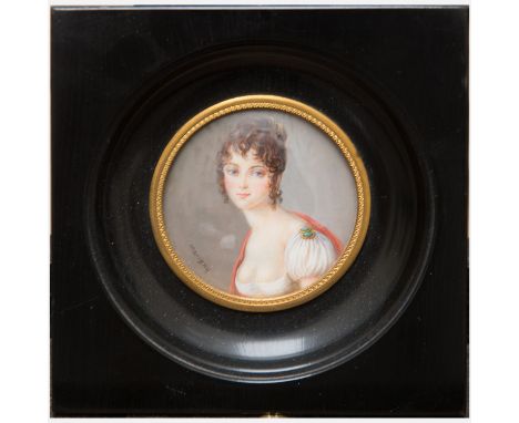 Miniature Portrait, lady in classical dress, watercolour, signed Marigny, under glass, ebonized frame with gilded bronze, tot