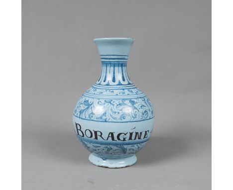 North Italian Apothecary Flask, pear shape, ceramic with blue painted ornaments on blue ground. Described Acqua di Boragine. 