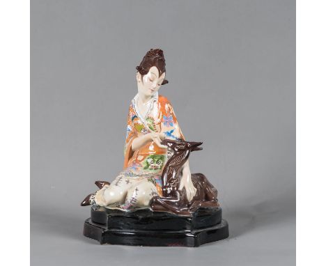 Goldscheider Ceramic , Girl in japanese dress with dear , painted in multi collours , stamp on the under side , glazed, aroun
