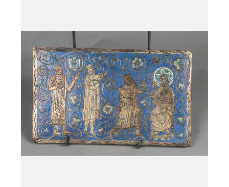 Limoges Enamel Plaque, rectangular copper plate with engraved ornaments. The three Kings, Maria and Child. Partly gilded with