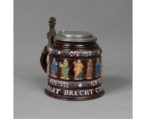 German Apostel Tankard, ceramic decorated with the twelve apostles and Jesus in the centre. Descibed Erhart Brecht Cunr H and