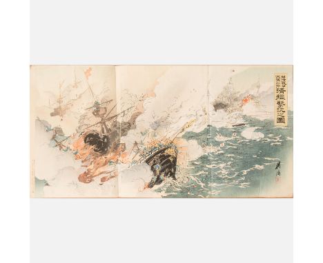 Ogata Gekkô (1859 – 1920), Japanese woodcut on paper, first Japanese -  Chinese war . 37X72 cm