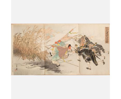 Ogata Gekkô (1859 – 1920), Japanese woodcut on paper, first Japanese -  Chinese war . 37X72 cm