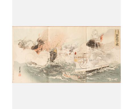 Ogata Gekkô (1859 – 1920), Japanese woodcut on paper, first Japanese -  Chinese war . 37X72 cm
