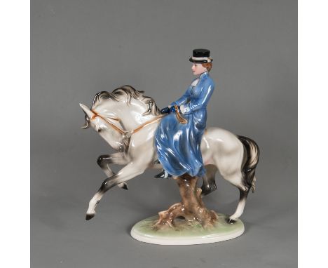 Empress Elisabeth of Austria and Hungary ( 1837-1898), on horse back , Ceramic painted and glazed, marked Keramos , Austrian 