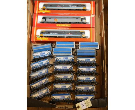 Quantity of OO gauge railway by Hornby. 3 boxed diesel freight/passenger locomotives, all BR Class 47 Co-Co Grey Friar's Bobb
