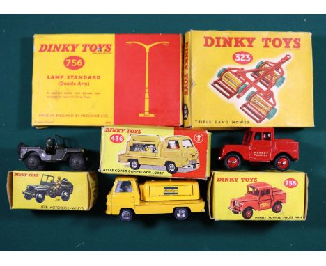5x Dinky Toys. A Mersey Tunnel Police van (255). Atlas Copco Compressor Lorry (436). Jeep Hotchkiss-Willys (816). Triple Gang