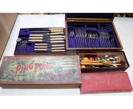 A Ping Pong table game in illustrated Hamley's box. Comprising net, balls and 2x bats. Together with Mancho Table Croquet set