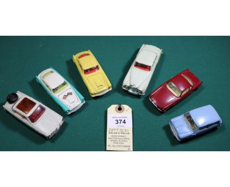 6x Corgi Toys. Morris Mini-Minor (226) in blue. Renault Floride (222) in red. Bentley Continental Sports Saloon (224) in whit