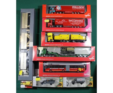 14 Herpa 1:87 scale Trucks etc. A 2 vehicle set- box vans with trailer, MAN Maria Cron and Mercedes Benz, Chantre. Mercedes B