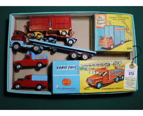 7x Corgi Toys Chipperfields Circus vehicles. Including 2x boxed examples; Crane Truck (1121). Giraffe Transporter (503). Boxe