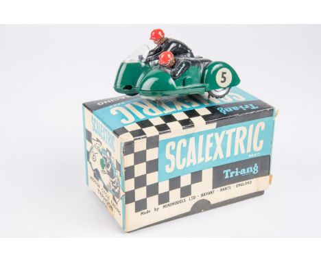 Tri-ang Scalextric (MM/B1) Motor Cycle Racing Typhoon motorcycle and sidecar, racing number 5, with green body. Boxed with in