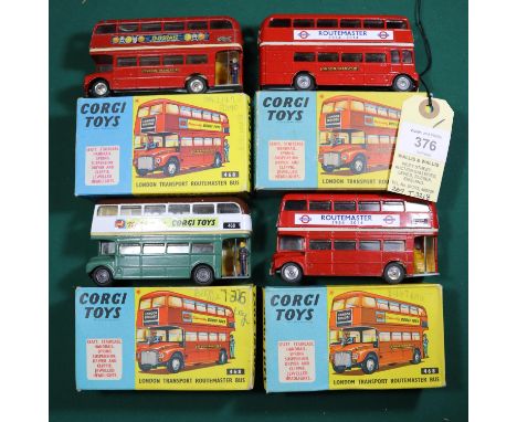 Corgi 468 Routemaster buses."OUTSPAN" transfers applied to each side, conductor in doorway, spun wheels and tyres playworn, b