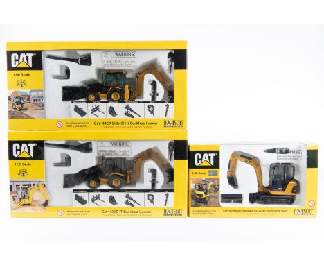 3 Norscot Cat. 2x 1:50 scale Cat 420D IT Backhoe Loader and a Cat 432D Side Shift Backhoe Loader. Plus a 1:32 scale Cat 302.5