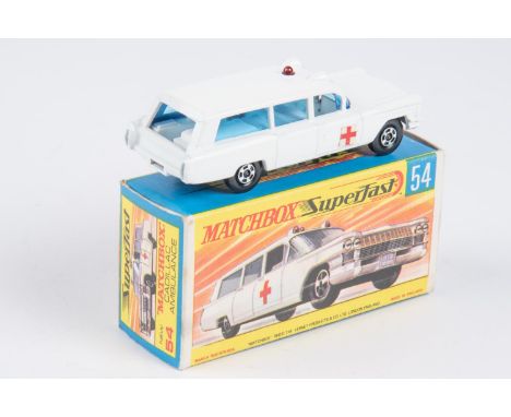 Matchbox Superfast No.54A Cadillac Ambulance. White body, silver grille, red roof light, blue windows, black base, Red Cross 