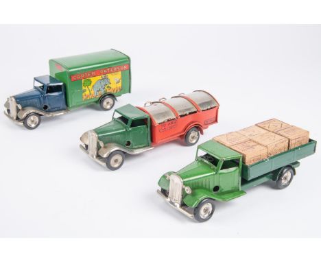 3 Tri-ang Minic clockwork vehicles. A Post-war Carter Paterson Van (22M). With blue cab and green body with 'Elephant' transf