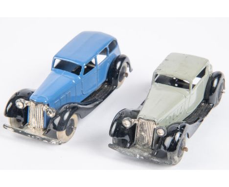 2x Dinky Toys 36 series. Armstrong-Siddeley (36a) in blue. Humber Vogue (36c) in light grey. Both with smooth wheels and type