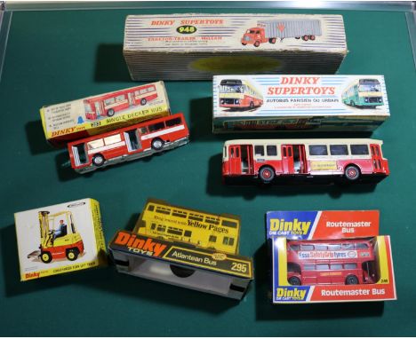 6x Dinky Toys. Single Deck bus (283). Paris Autobus (889U). Conveyancer Fork Lift Truck (404). Leyland Atlantean bus (295),Ye