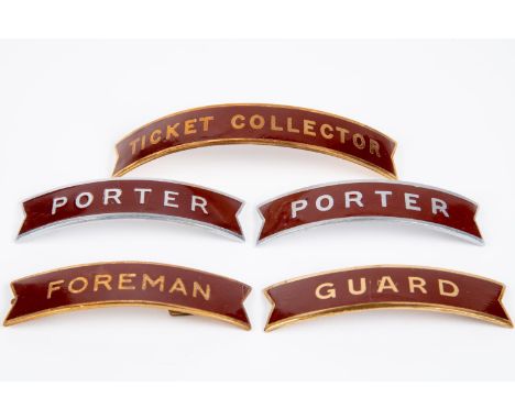 5x British Railways (Western Region) fishtail style cap badges by Gaunt, etc (3 unmarked). Ticket Collector, 2x Porter, Guard