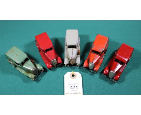 5 Tri-ang clockwork Ford Light Vans (2M/3M). 2x pre-war examples with petrol cans, one green (Lines Bros Triangle) and the ot
