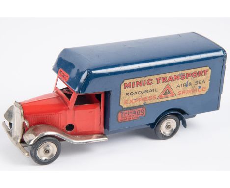 Tri-ang Minic clockwork Luton Transport Van (24M). Red cab with plated mudguards, dark blue van body with Minic Transport dec