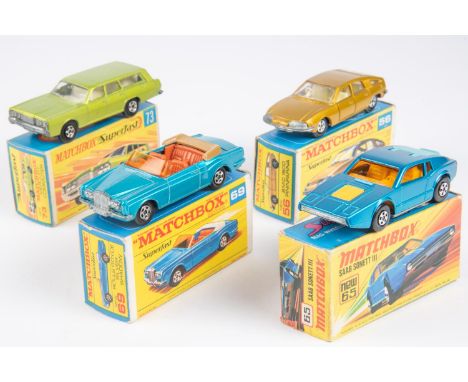 4 Matchbox Superfast. 56c BMC 1800 Pininfarina, metallic gold body, cream interior, unpainted base, narrow wheels. 65d SAAB S