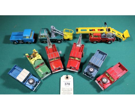 9x Corgi Toys Land Rovers and Jeeps. Including; 2x Wreck trucks. Loud Speaker van. RAF Land Rover, etc. Together with a Jeep 