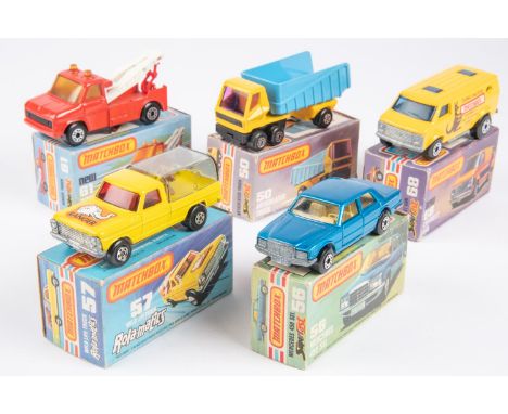 5 Matchbox Superfast. 50d Articulated Truck. Yellow cab with light blue trailer, no side labels. 56e Mercedes Benz in metalli