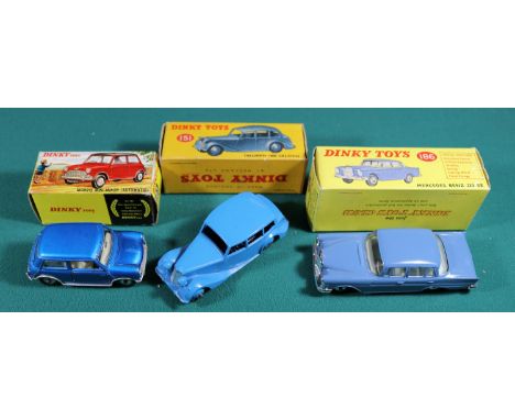 3x Dinky Toys cars. A Triumph 1800 Saloon (151) with light blue body and wheels. Morris Mini-Minor (183) in metallic blue wit