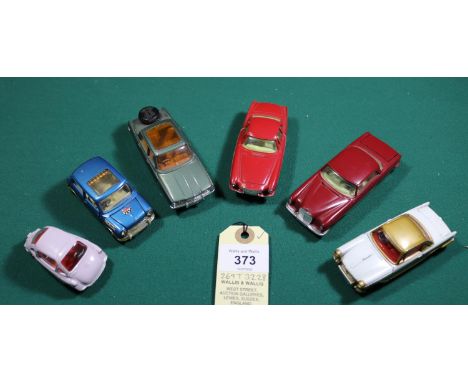 6x Corgi Toys. Heinkel (233) in pink. Triumph Herald (231) in gold and white. Mercedes-Benz 220SE (230) in maroon. Mini Coope