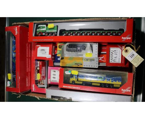 17 Herpa 1:87 scale Trucks and accessories. A boxed set, 2x Scania tractor units and box van trailer, FAKO Getranke. Plus a h