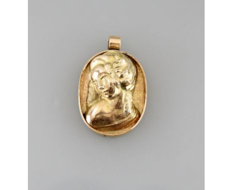 Seltener Portraitanhänger "Beatrice Cenci"Gelbgold 14kt., ovale Platte mit rückseitig ausgetriebenem Halbrelief einer Büste e