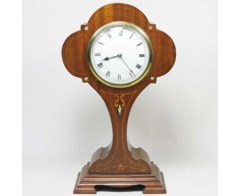 An Edwardian balloon shaped mantel clock, with inlaid decoration, 29cm highOverall condition looks to be complete and usable.