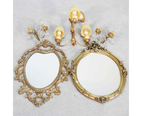 A gilt three branch ceiling light, 44cm high, together with a pair of wall sconces and two gilt framed wall mirrors (5)