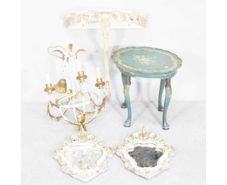 A painted console table, 55cm wide, together with a pair of Italian style wall mirrors, a painted chandelier and an occasiona