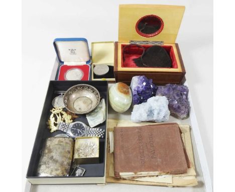 A group of three World War II medals, with service books, together with a silver pocket cigarette case, coins and other items