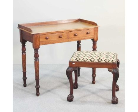 A Victorian mahogany side table, together with an early 20th century upholstered footstool, on cabriole legs (2)90w x 44d x 8