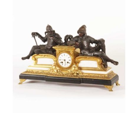 A good 19th century French bronze, gilt and marble cased mantel clock, surmounted by two bronze soldiers, the enamel dial wit