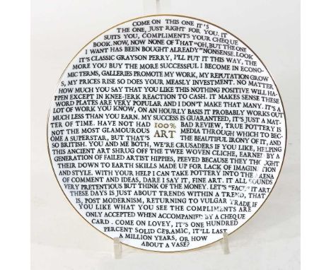 ARR Sir Grayson Perry, CBE, RA Hon, FRIBA, b1960, 100% ART, ceramic plate, stamped for The Holburne verso, 22cm diameter