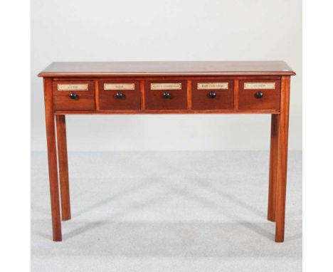 A hand made mahogany side table, containing five short labelled spice drawers108w x 31d x 78hcm 