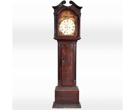 A George III longcase clock, the arched twelve inch dial, painted with Cotters Saturday Night, having an eight day movement, 
