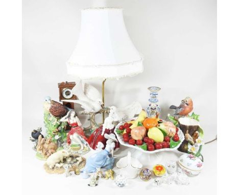A continental pottery fruit bowl, together with a Doulton figure, a Nao figure, decorative items, and a large pottery table l