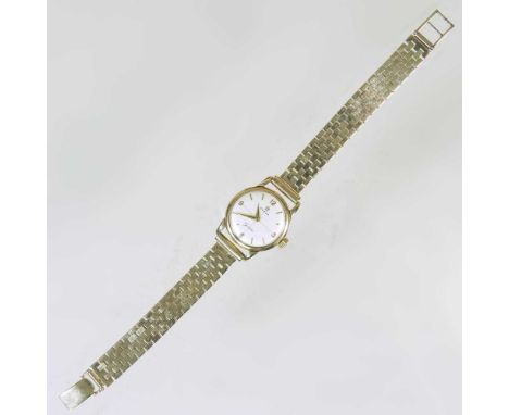 An Omega 9 carat gold cased ladies wristwatch, having a signed 18mm dial, on a flexible bracelet strap, 26g gross, the case n