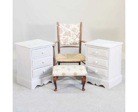 A pair of white painted beside cabinets, together with a stool and a rush seated armchair (4)44w x 38d x 61hcm
