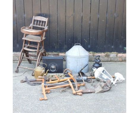 A collection of items, to include metalwares, a Victorian metamorphic high chair, tools and light fittings