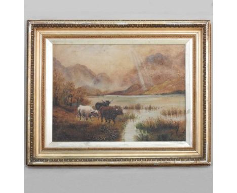 In the manner of H R Hall, cattle watering, oil on canvas, 41 x 54cm