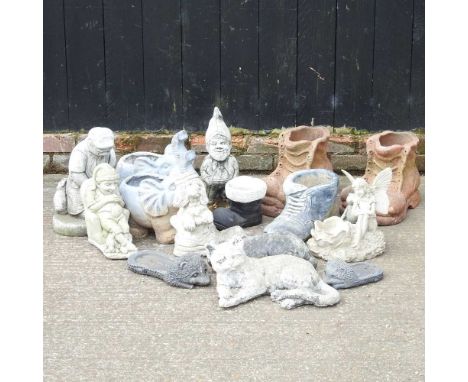 A collection of cast stone garden ornaments, to include animals, gnomes and boots (16)