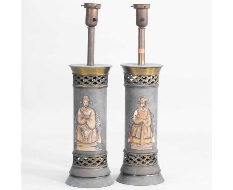A pair of Oriental metal table lamp bases, each decorated with a figure, 69cm high (2)
