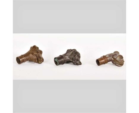 A set of three metal novelty walking stick handles, each in the form of a dogs head, the largest 7cm wide (3)