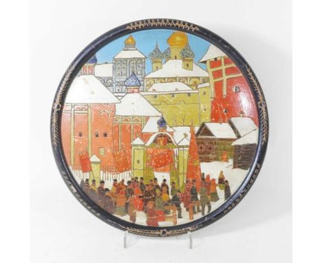 A Russian folk art lubki plaque, decorated with a city scene, stamped made in Soviet Union, 26cm diameter